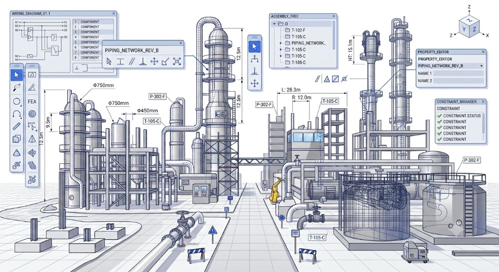 MetaPlant3D CAD interface showing 3D plant model with piping network, assembly tree, and constraint manager
