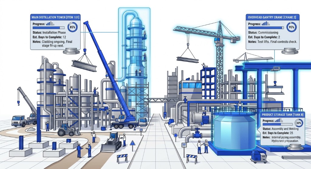 3D construction management visualization showing plant build progress, crane status, and work package tracking