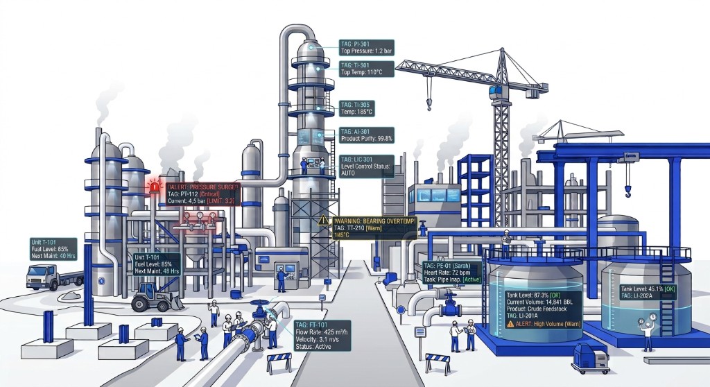 Digital twin visualization of an industrial plant with live tag data, tank levels, alerts, and operational status overlays